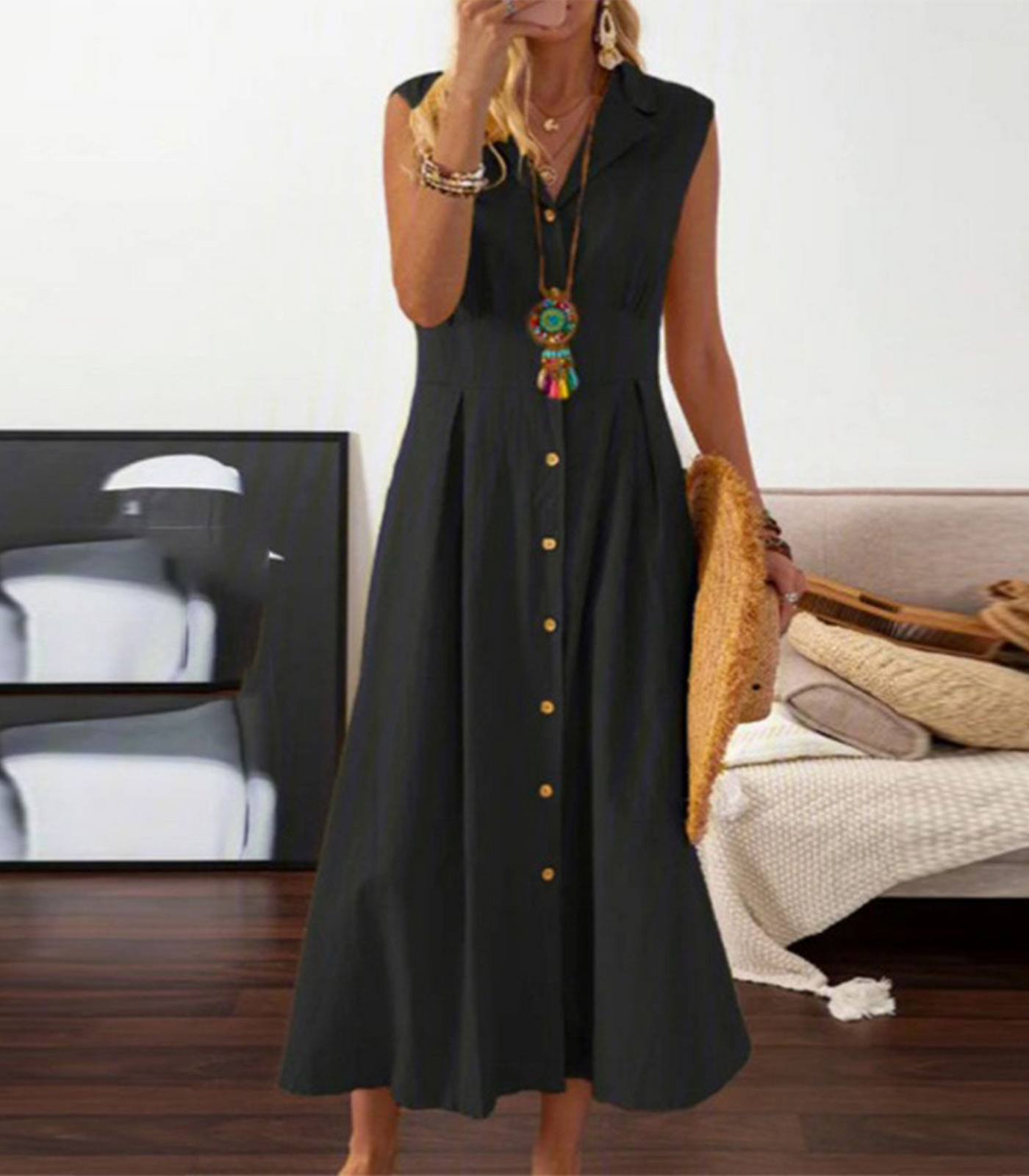 Damen ärmelloses Midikleid mit Faltenrock