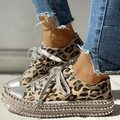 Leopard Print Canvas Sneakers mit Chunky-Plattformsohle für Damen
