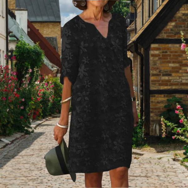 Damen-Midikleid mit V-Ausschnitt und Blumenstickerei