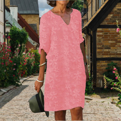 Damen-Midikleid mit V-Ausschnitt und Blumenstickerei