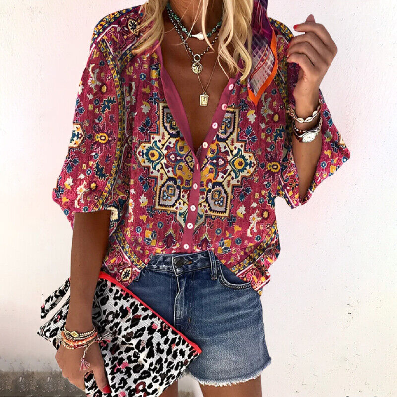 Damen-Bluse mit Knopfleiste und Blumenmuster