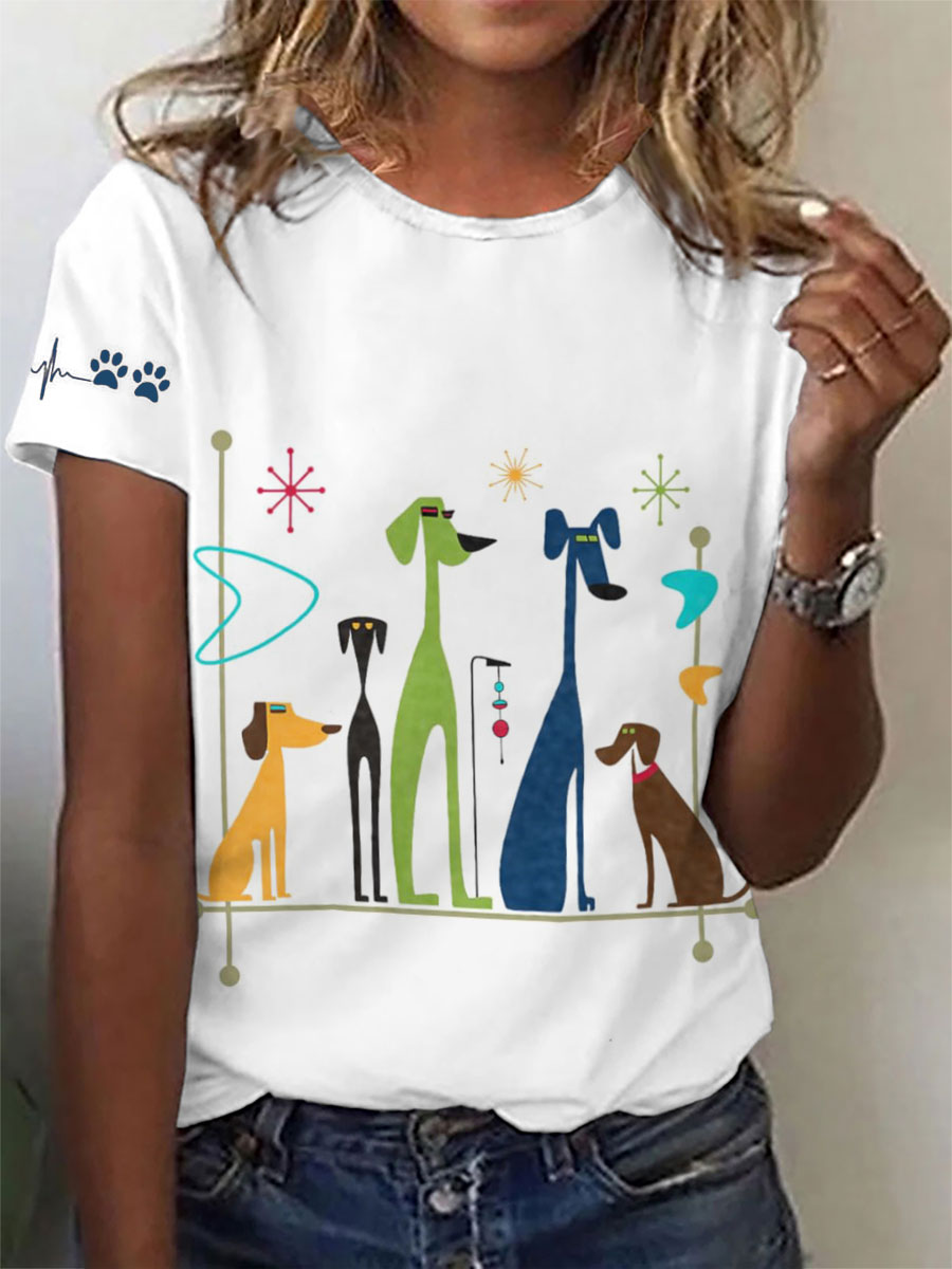 Damen-T-Shirt mit buntem Retro-Hunde-Print – Lustiges Kurzarmshirt aus Baumwollmix für Hundefans