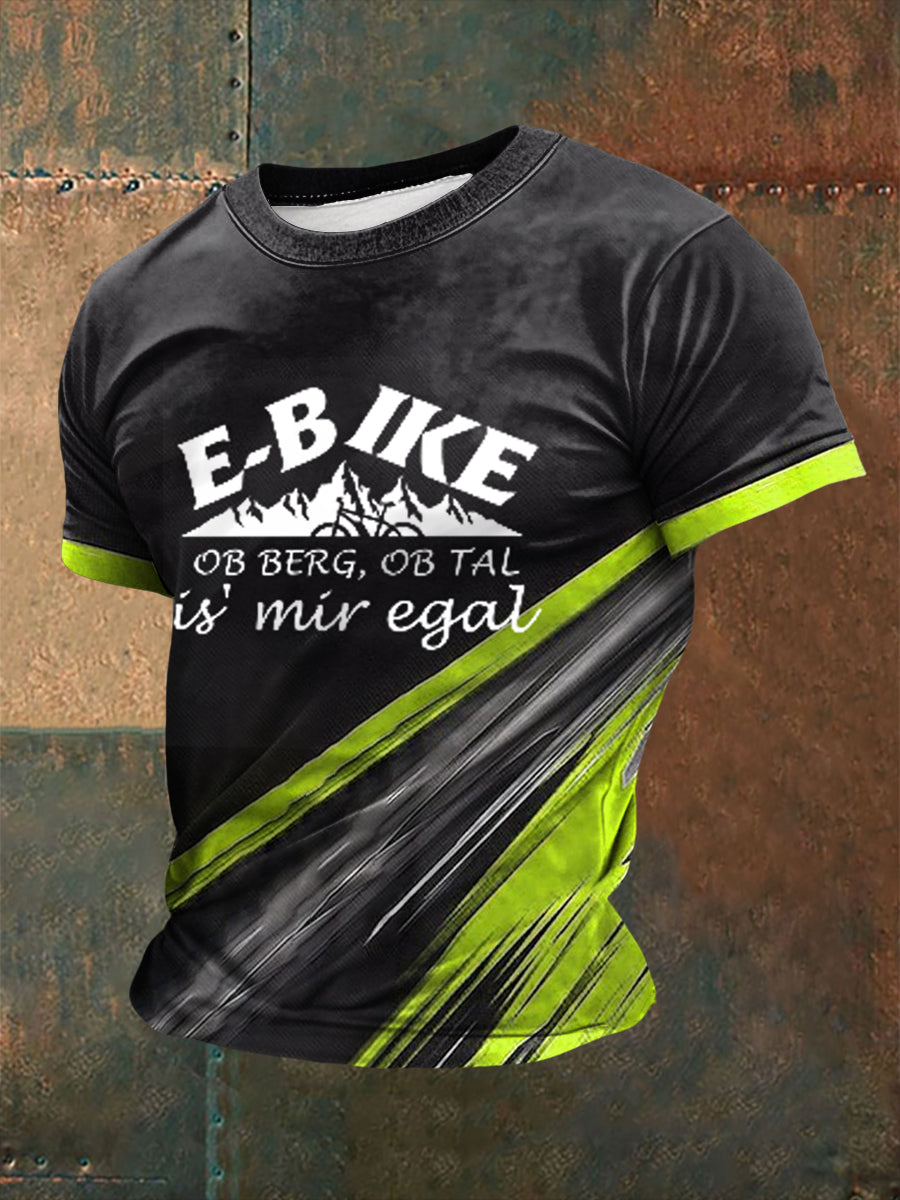 Herren T-Shirt mit E-Bike-Spruch – Sportliches Kurzarmshirt „Ob Berg, ob Tal, is’ mir egal“ aus Baumwolle für Outdoor & Touren